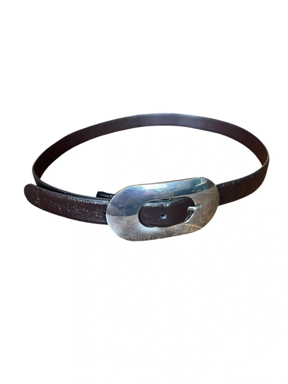 Mango Chocolate Brown Leather Belt Oversized Silver Oval Buckle Large